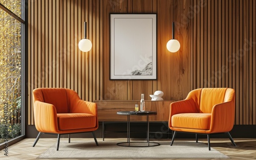 Modern living room with two orange armchairs, a wooden slat wall, and a minimalist coffee table.