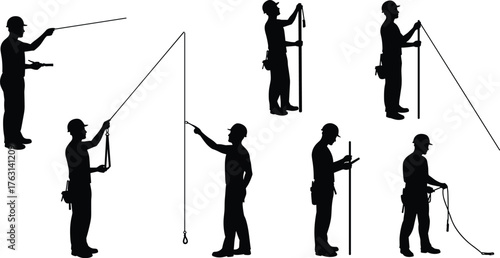 Construction worker silhouette measuring tape, surveyor technician rod, building site measurement, engineering accuracy, industrial worker posture, construction survey 