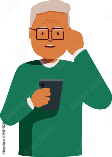 Elderly man experiencing difficulties hearing during phone call, holding smartphone and adjusting his hearing