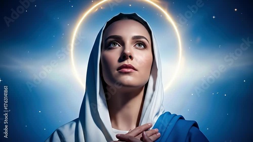 Virgin Mary, serene and devout, gazes heavenward with hands pressed gently in prayer. Immaculate Conception theme, December 8th holiday. Radiant halo glows in a starry night sky.