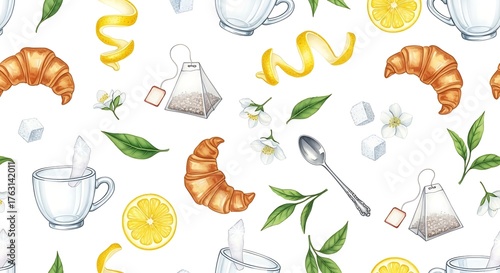 Watercolor Tea Time Breakfast Seamless Pattern.