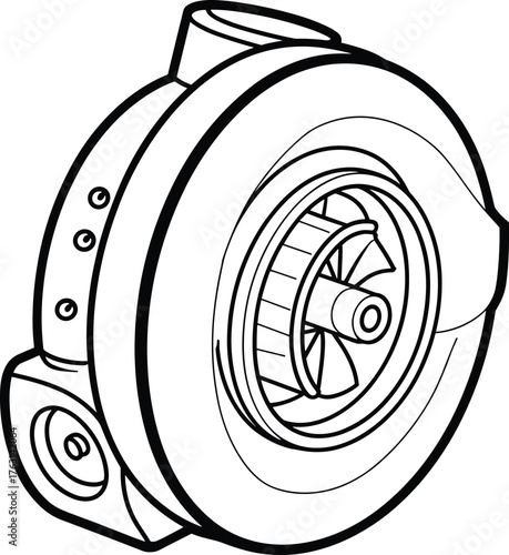 Turbocharger, automotive engine component, mechanical device, technical flat sketch, vector illustration, cad drawing, performance upgrade, forced induction system, template