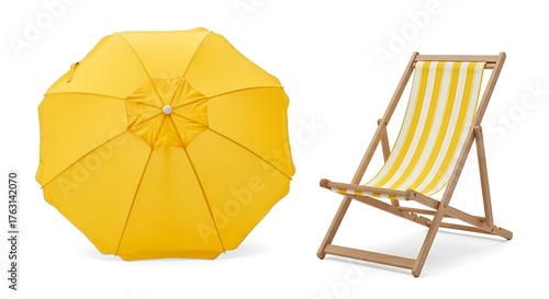 Yellow beach umbrella and striped deck chair isolated.