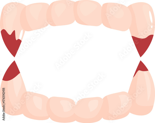 Cartoon illustration of vampire teeth with blood, representing halloween and horror themes