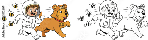 Cute Cartoon Astronaut Kid and Dog in Bear Costume Running from Bees - Fun Adventure and Playful Chase Illustration