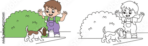 Cute Cartoon Boy Playing Peek-a-Boo with Puppy Behind Bush - Childhood Fun and Pet Playtime Illustration
