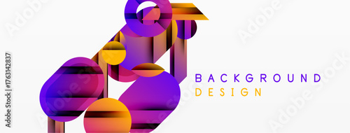 Abstract geometric shapes overlap, creating vibrant color gradients. Modern design elements suggest dynamic composition. Background is white.