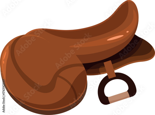 Brown leather horse saddle featuring stirrup, representing equestrian equipment for riding and horseback activities