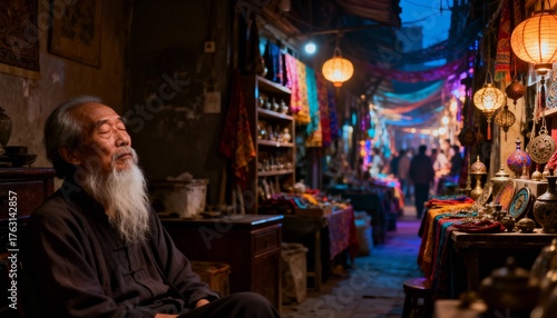 Elderly man resting peacefully in a vibrant, bustling night market stall