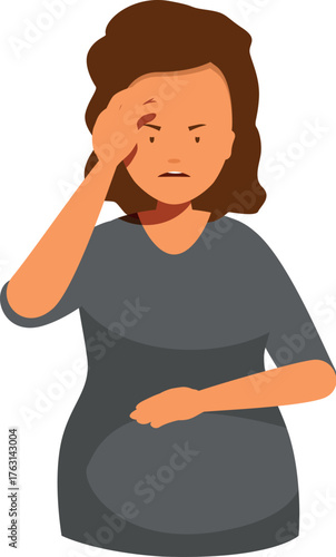 Young woman holding her head and belly suffering from pain, health problems concept
