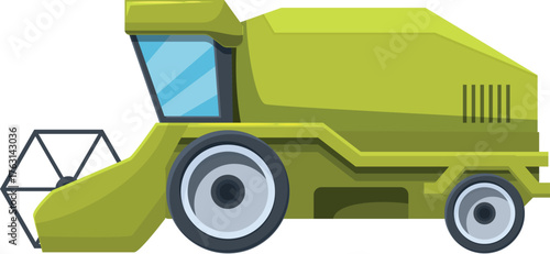 Combine harvester working in field, harvesting crops, agricultural machinery illustration