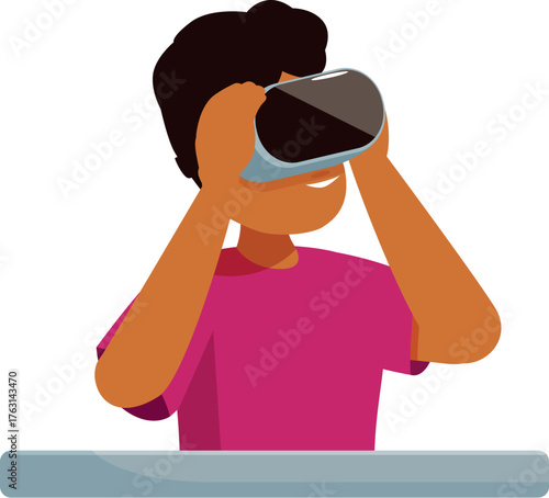 Young boy experiencing virtual reality using a vr headset, enjoying immersive technology at a desk
