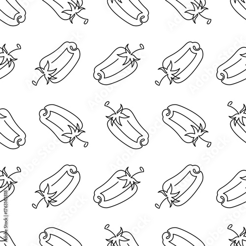 Single line Bell pepper cartoon seamless pattern. Vector Food vegetable flat texture on white background. Bell pepper in Doodle style. Line art