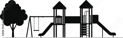 Playground silhouette illustration, slides and swings design, outdoor play area art, children recreation scene, park structure, family fun, nature