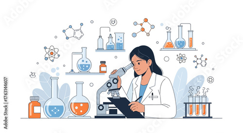 Female scientist examining samples through a microscope in a laboratory with various scientific equipment and molecules in the background with a calm and focused mood.