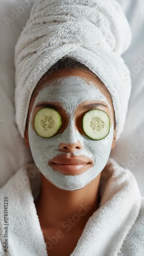 Young Woman Relaxing with Facial Mask and Cucumber Slices, Spa Treatment for Healthy Skin, Wellness and Beauty Concept, Top View.