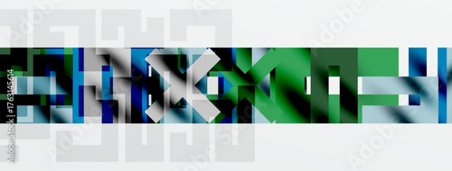 Abstract geometric shapes, dark blues, greens, whites create modern design. Blocks overlap, forming complex pattern. Minimalist aesthetic.