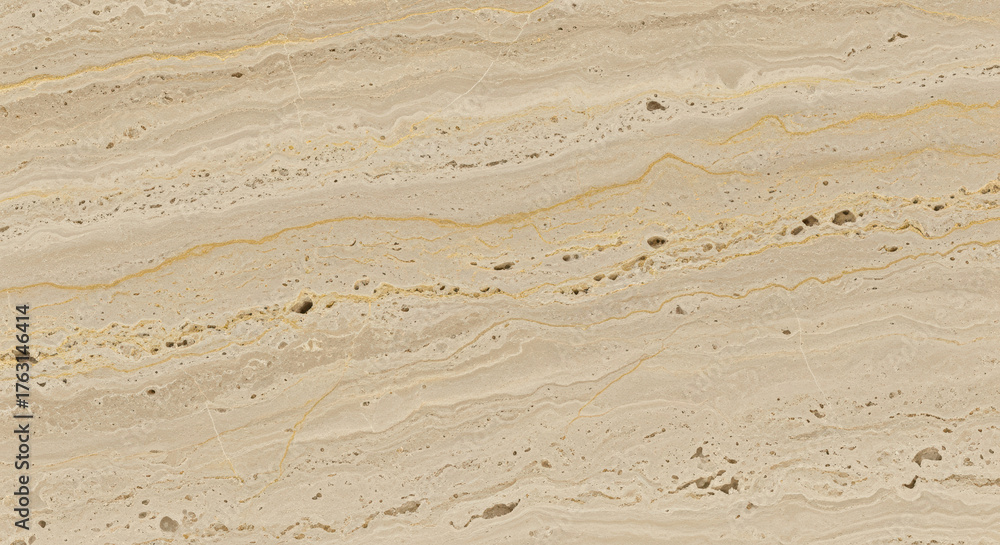 Fototapeta premium Beige travertine limestone surface showcasing natural horizontal layers, subtle gold veins, and unique texture patterns for interior design