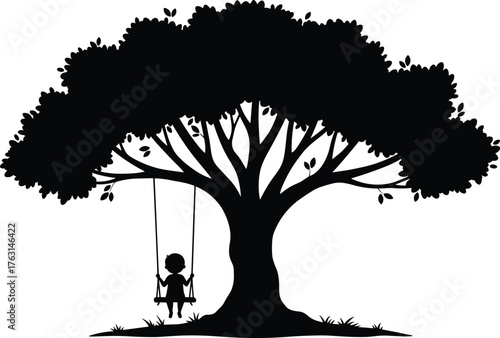 Tree with child on swing silhouette, childhood nostalgia art, black and white design, outdoor play, family love, nature scene
