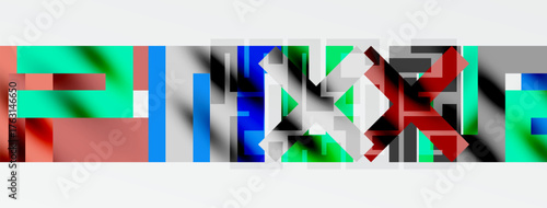 Abstract geometric shapes, vibrant colors, minimalist design. Rectangles overlap creating complex visual pattern. White background dominates.