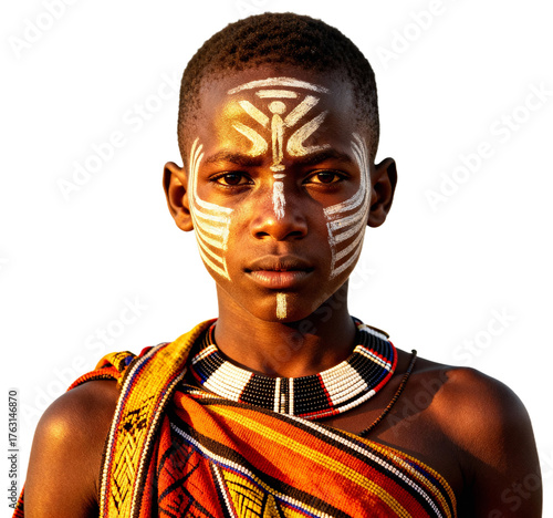 A young person with striking tribal face paint and traditional clothing, transparent background png