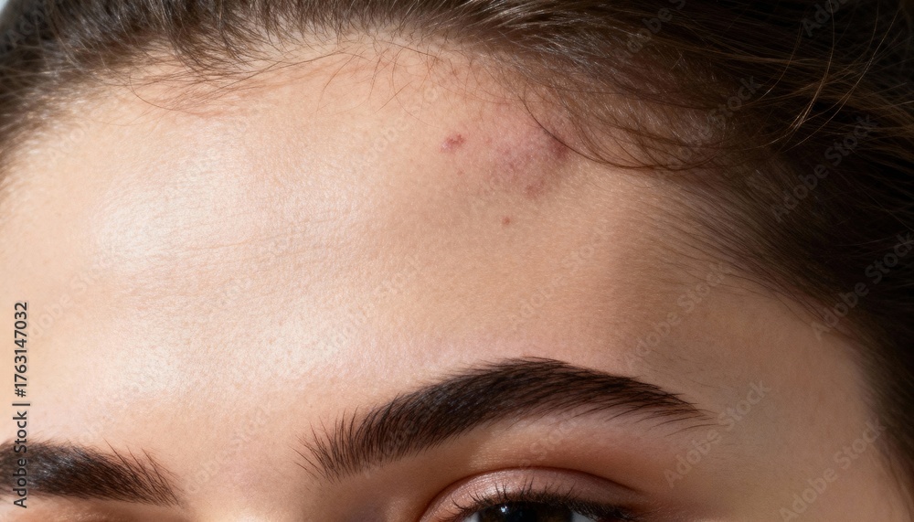 Obraz premium Close-up of a young Caucasian woman with dark hair and prominent eyebrows. Skin shows blemishes and imperfections, highlighting natural beauty.