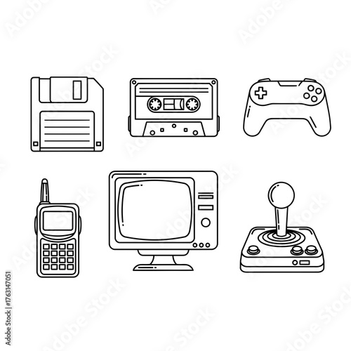 Vintage Tech Throwback: Floppy Disk, Cassette Tape, Game Controller, Walkie Talkie, Monitor, Joystick in a Retro Line Art Style, Evoking Nostalgia and the 80s/90s Era