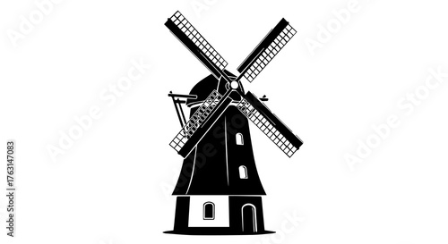 Traditional Windmill Silhouette – Black-and-White Line Art with Crossed Blades