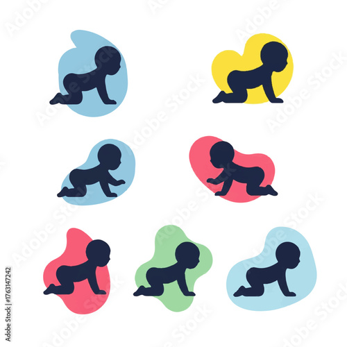 Vector collection of crawling baby silhouettes, each against a vibrant abstract background, depicting early childhood development, infant growth, and playful milestones