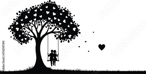Tree with children on swing silhouette, heart leaves design, love and family art, childhood nostalgia, nature scene, affection, companionship