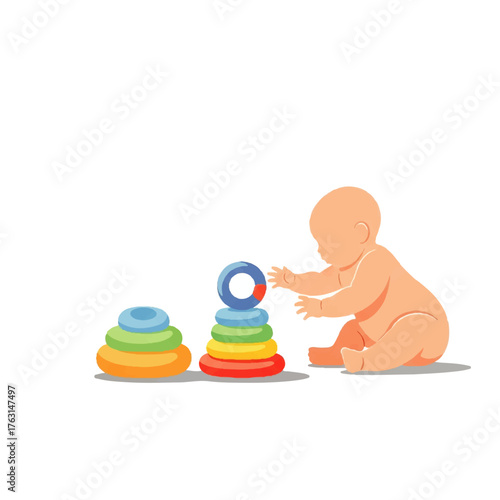 Baby stacking colorful rings on a toy pillar, learning shapes and colors, promoting early development
