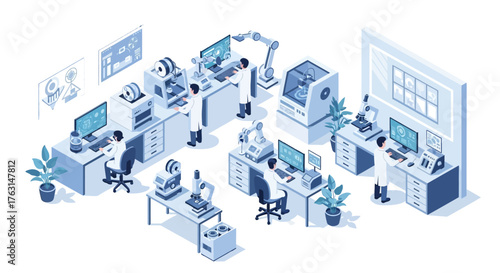 Isometric illustration of office workers collaborating at desks with computers and plants in a modern workspace with a calming blue tone.