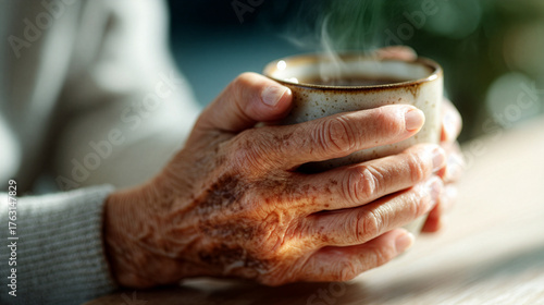 Warmth and comfort for arthritis - Elderly hands with arthritis holding warm tea cup at home
