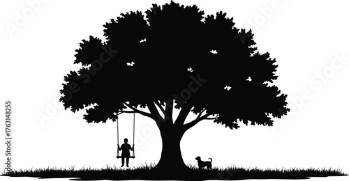 Tree with swing and dog silhouette, childhood nostalgia art, black and white design, outdoor nature scene, family bond, calm moment