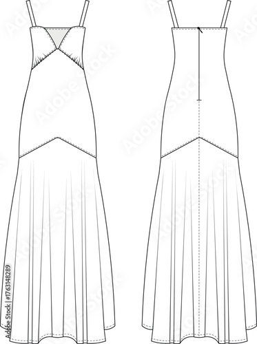 sleeveless strappy strapped sweetheart neck gathered flared zippered long maxi a line dress gown template technical drawing flat sketch cad mockup fashion woman design style model 
