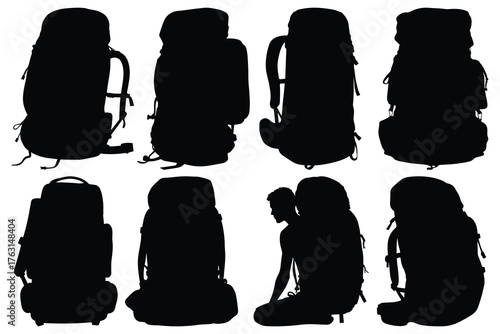 Black silhouettes of backpacks and person with backpack