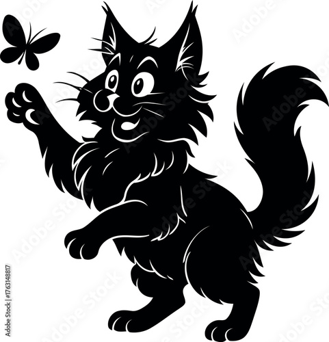Maine Coon cat chasing flying butterfly 