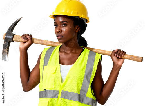 Hardworking woman in safety gear, holding a pickaxe, showing effort and determination., transparent background png