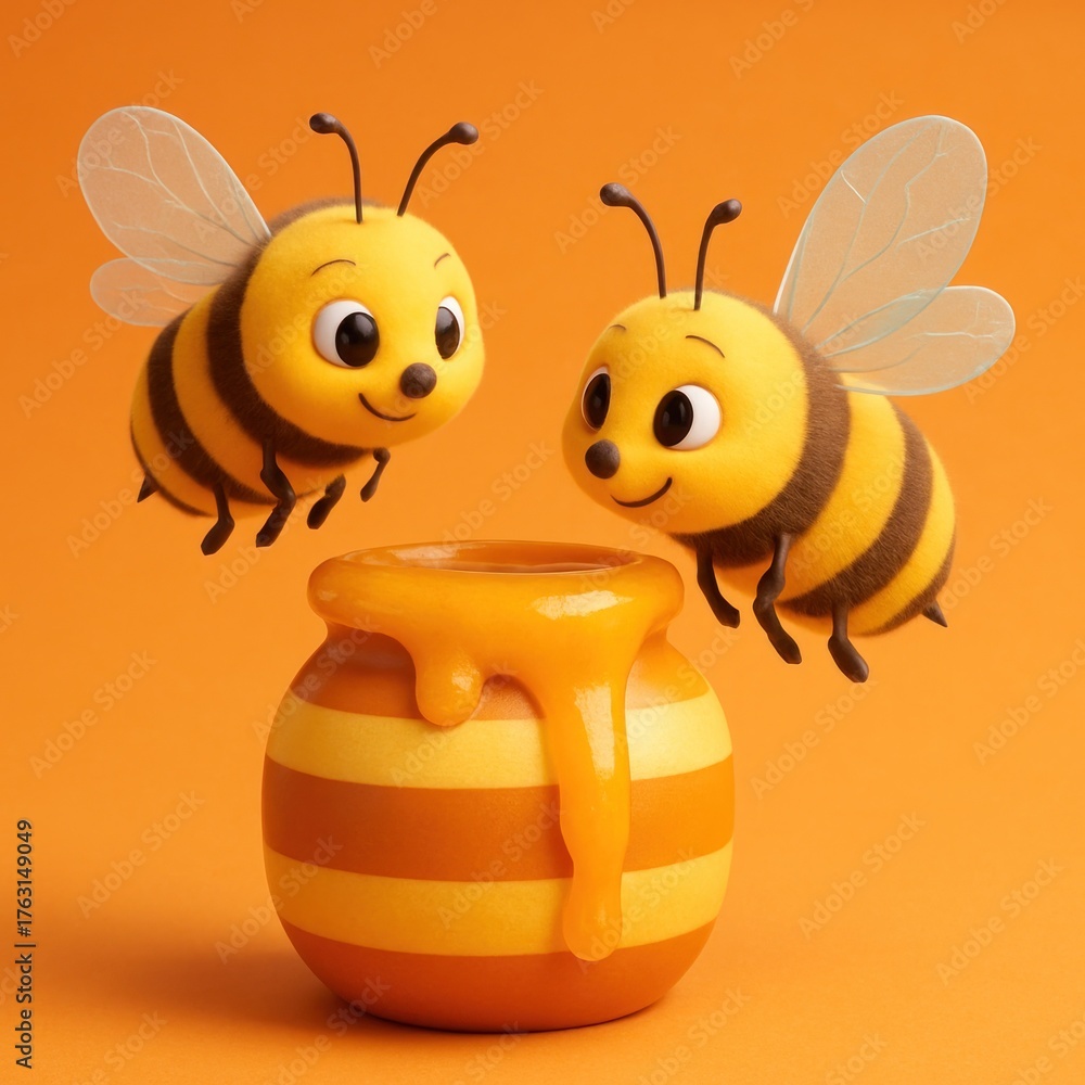 Obraz premium Two cartoon bees hover near a honey pot