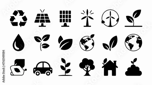 Set of black silhouette icons for ecology and environment.