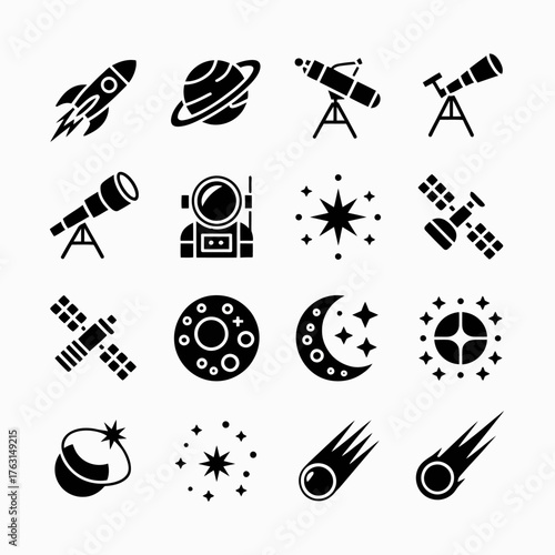 Solid black space and astronomy icon set on white background.