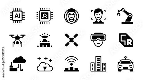 Modern technology and artificial intelligence solid glyph icon set.