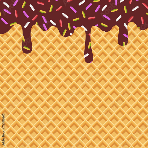 Melted Chocolate with Sprinkles on Wafer Texture. Dessert Background Vector. perfect for dessert banners, packaging, posters, and cafe menus