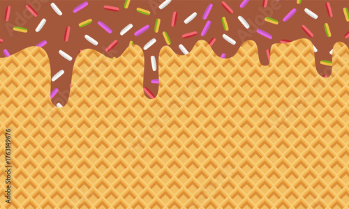 Melted Chocolate with Sprinkles on Wafer Texture. Dessert Background Vector. perfect for dessert banners, packaging, posters, and cafe menus