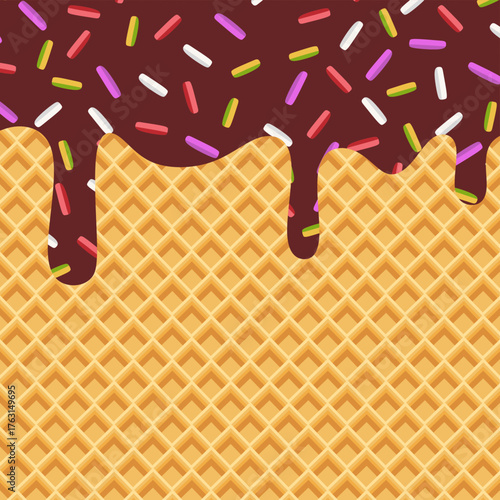 Melted Chocolate with Sprinkles on Wafer Texture. Dessert Background Vector. perfect for dessert banners, packaging, posters, and cafe menus