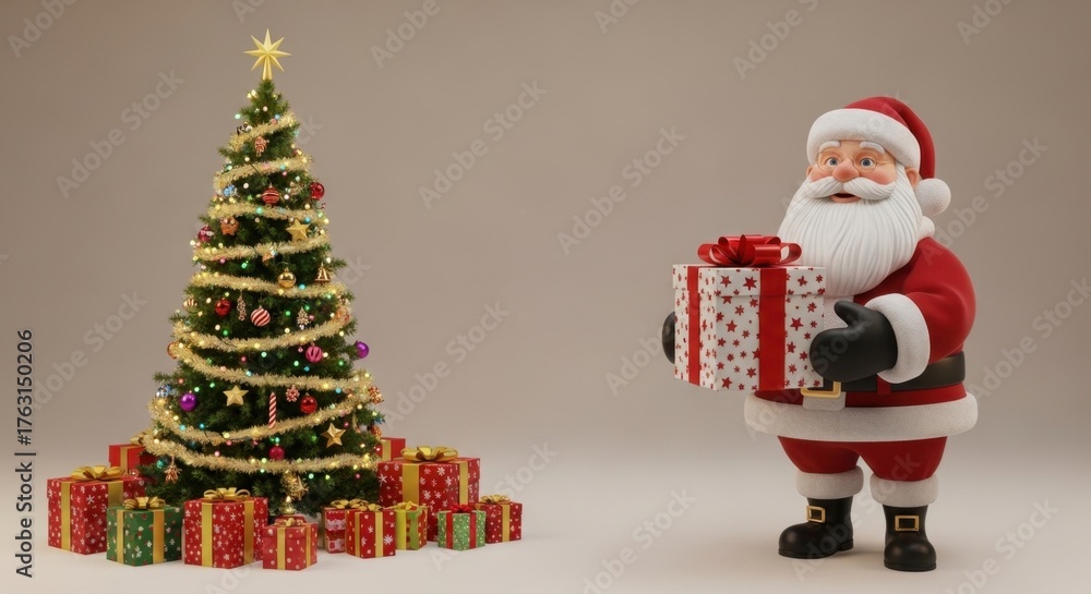 Fototapeta premium Santa claus with gift box near christmas tree with star, lights and ornaments.