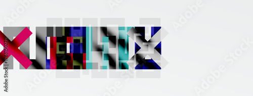 Abstract graphic design features fragmented text, bold colors, geometric shapes. White background provides contrast. Modern aesthetic.