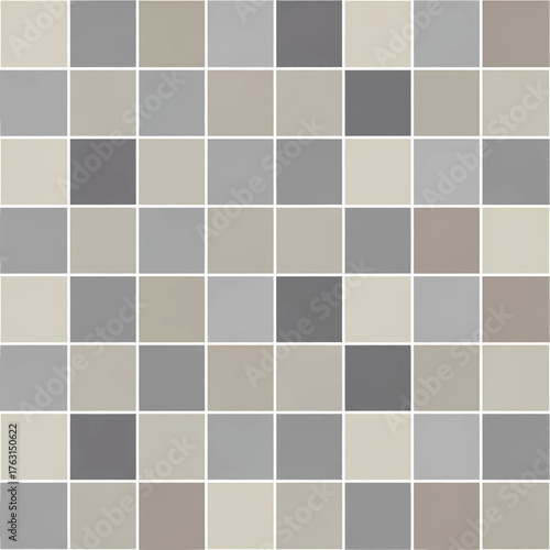 Seamless pattern of square tiles in various shades of gray, beige, and light brown with white grout lines, creating a modern mosaic texture.