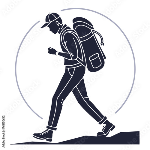 Man with backpack hiking and looking at his phone