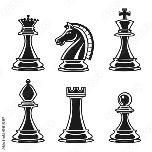 Chess piece set in black and white
